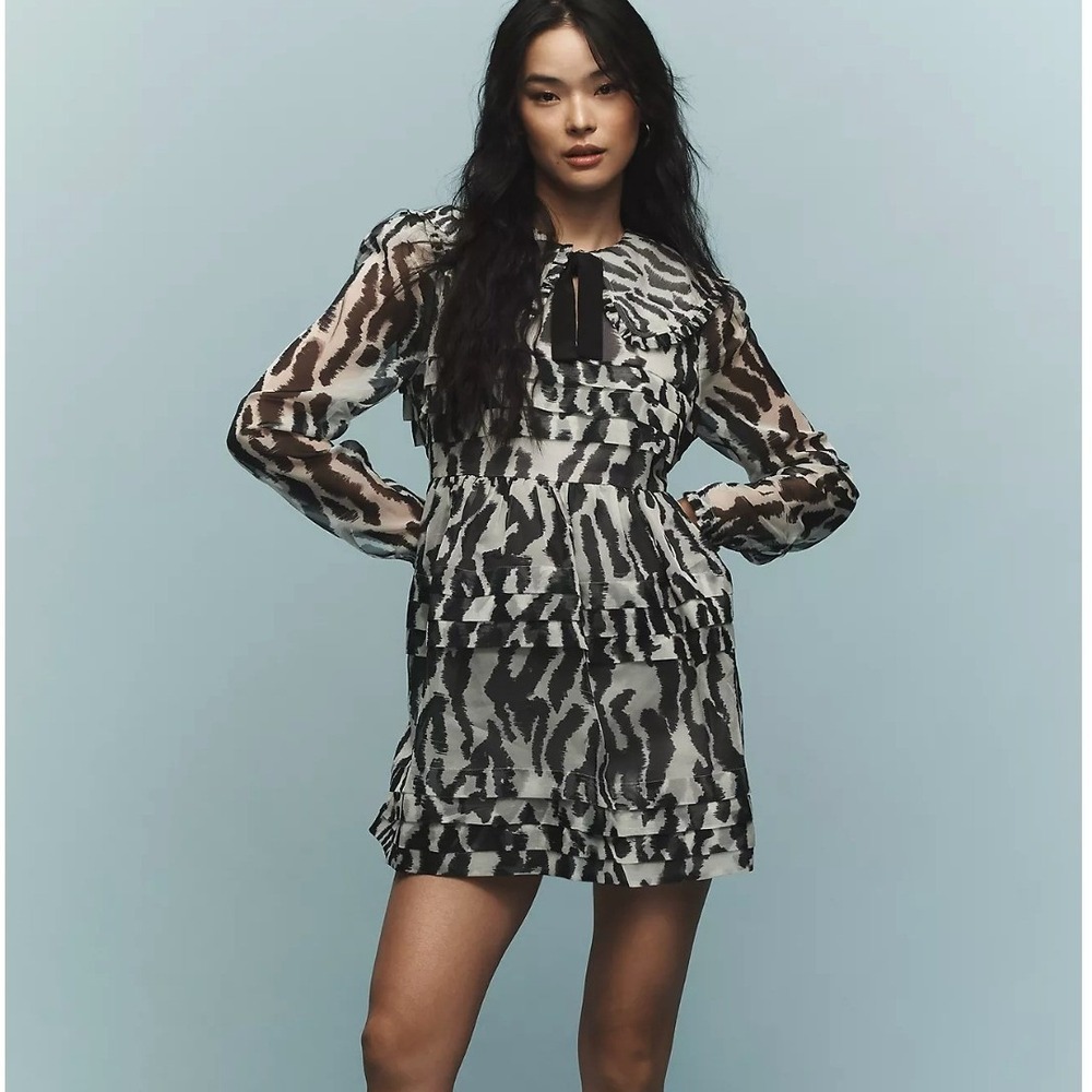 Anthropologie Maeve Mini Dress Ruffle Collar Zebra Print M Mod Grunge Romantic